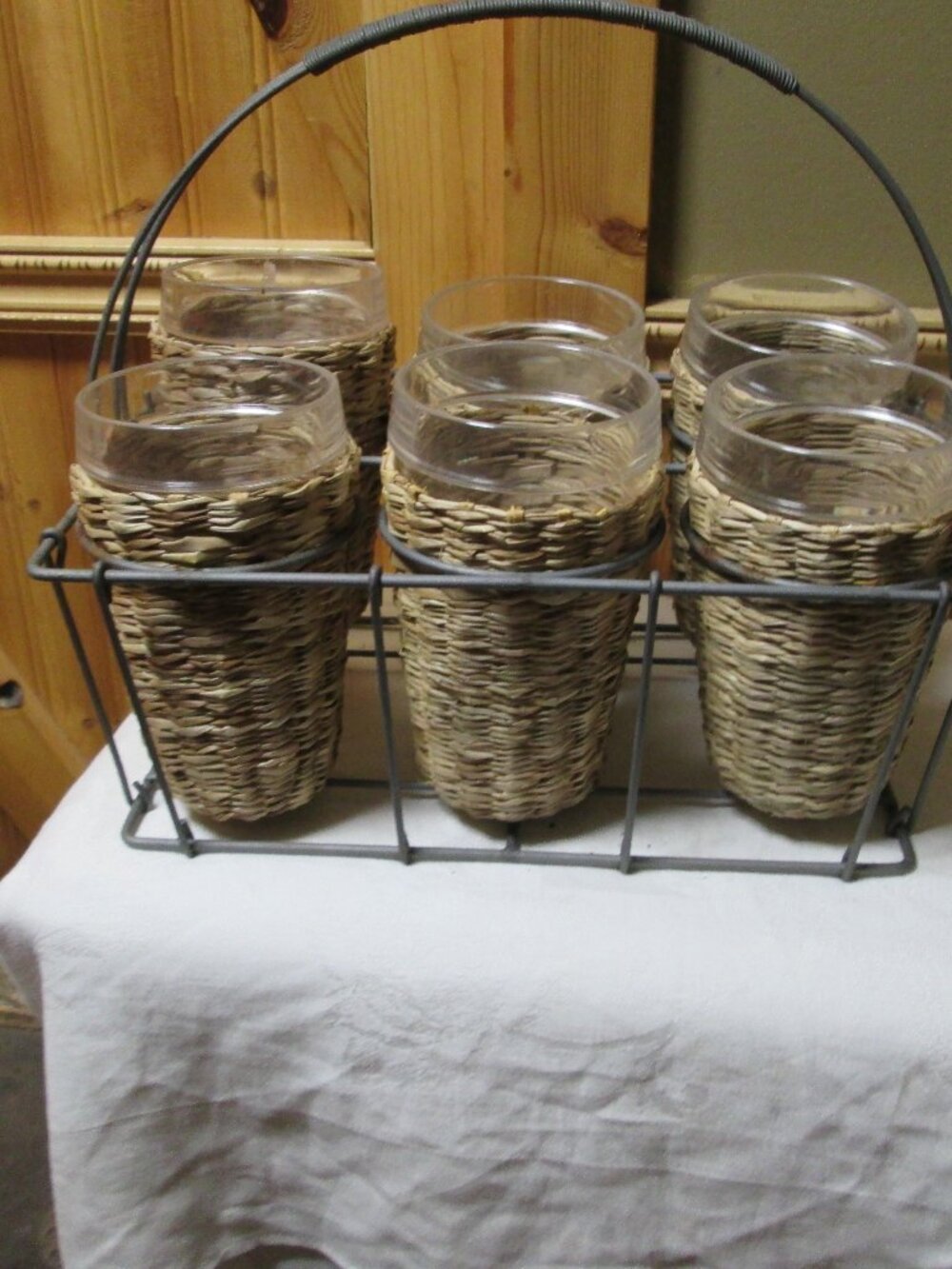 vtg Farm Decor set of siz wicker wrapped cups in metal cup holder